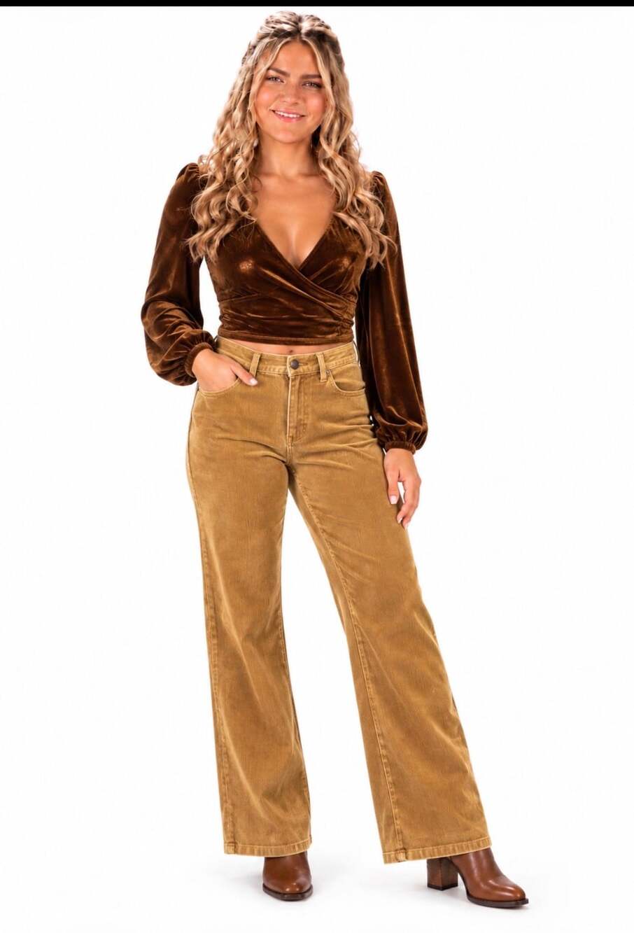 Forever 21 Contemporary Brown Velvet Long Sleeve Wrap Crop Top, Sz M